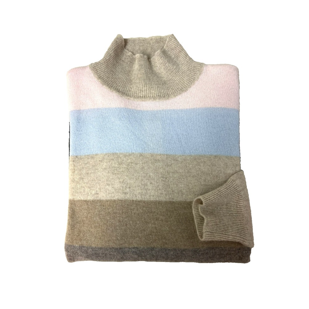 Madeleine Cashmere Turtleneck Sweater Pink Grays Tans Stripe Long Sleeve‎ SZ L